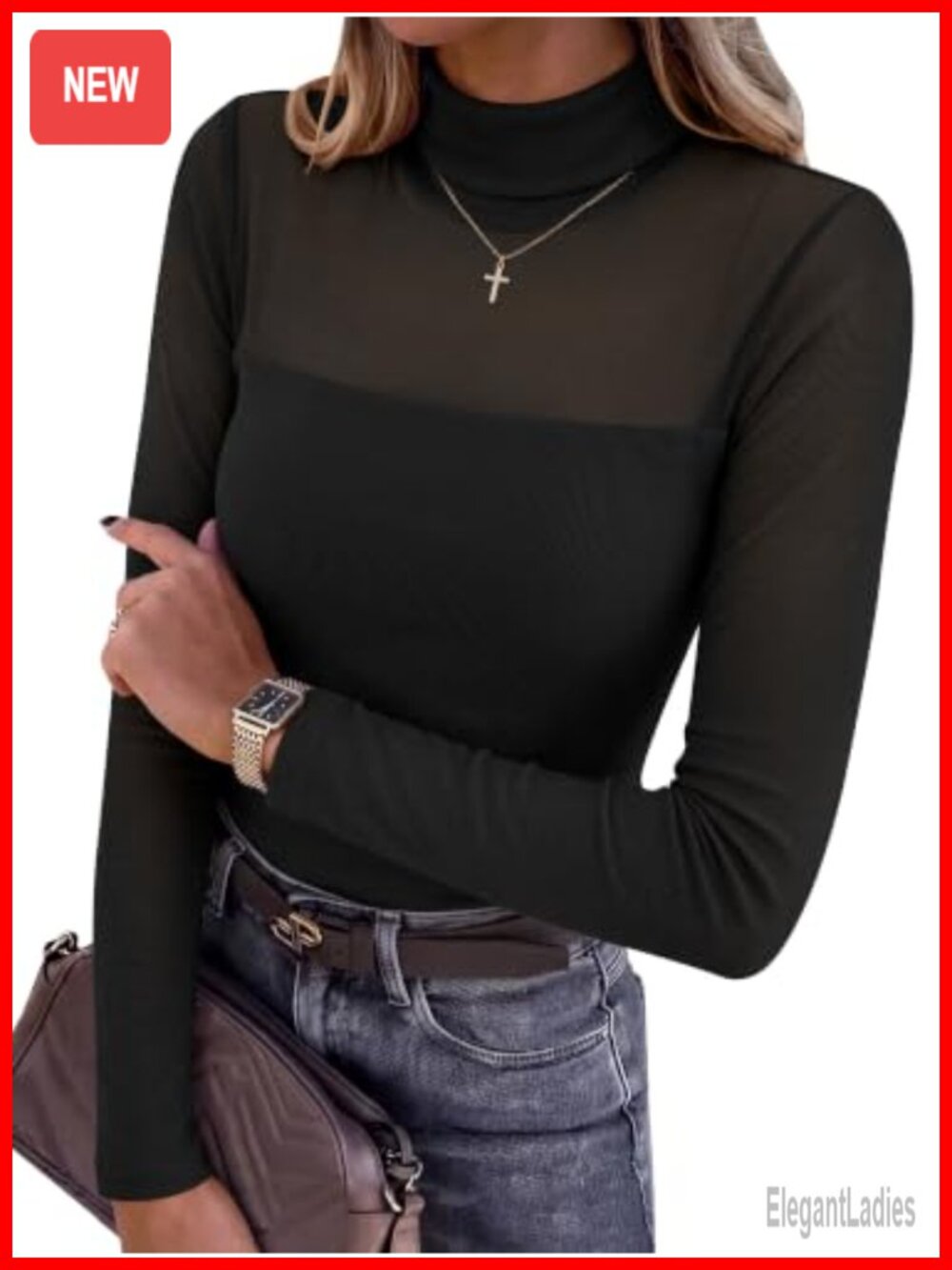 Women's Turtleneck Long Sleeve Mesh Sheer Blouse